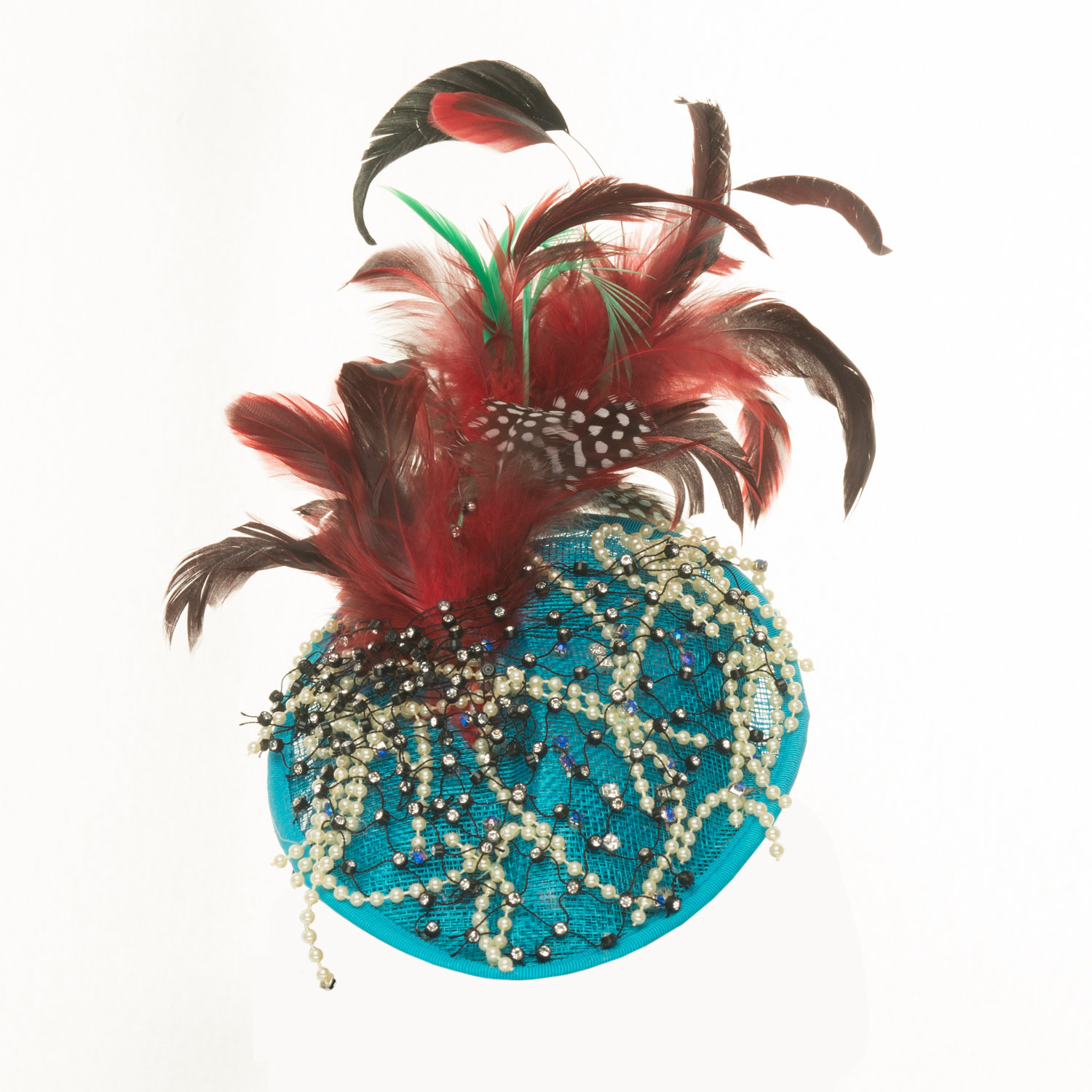 TURQUOISE PEARL AND FEATHER PILLBOX HAT
