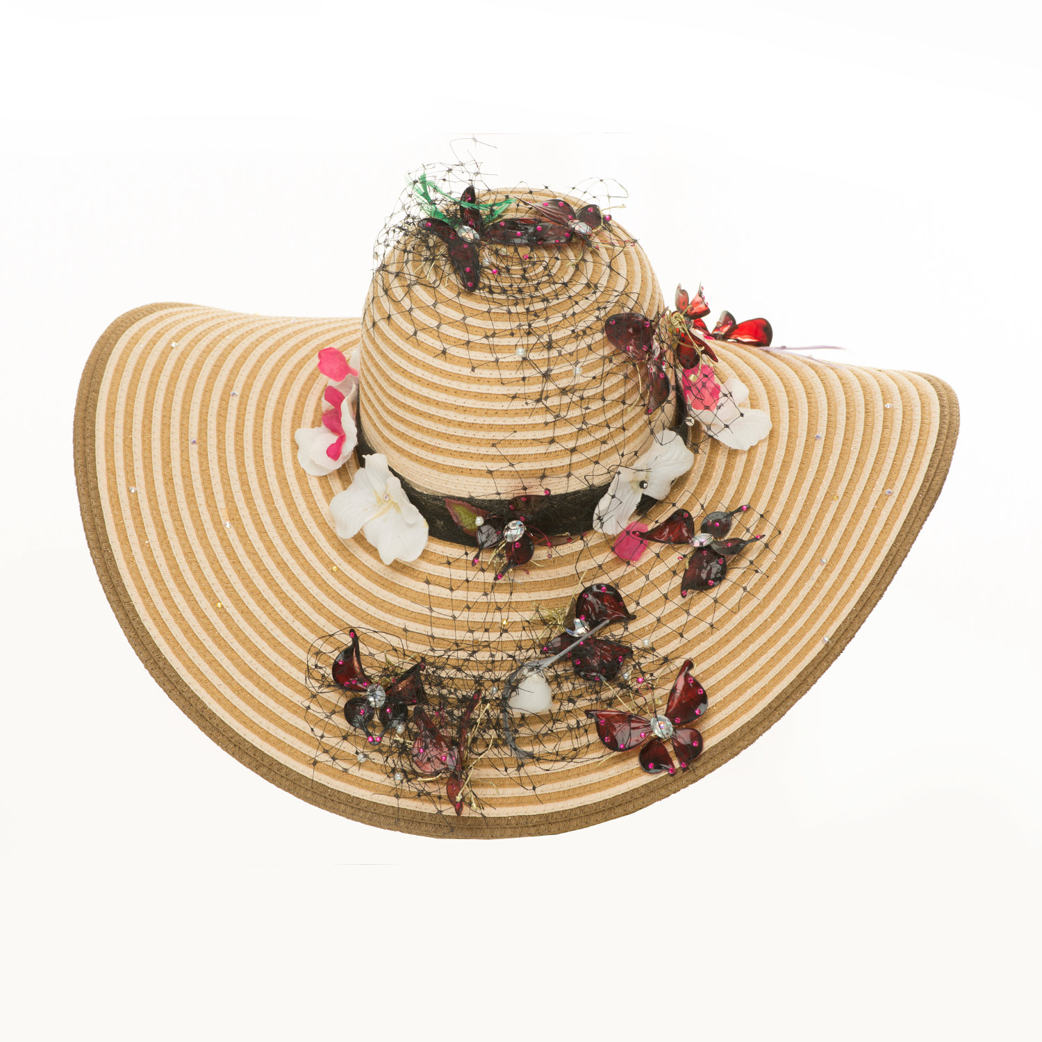 WIDE BRIMMED STRAW HAT WITH BUTTERFLIES